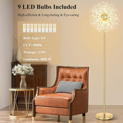Crystal Floor Lamp Living Room 69 Inch Modern Standing Lamp, 738pcs K9 Crystals, 9 LED Bulbs, Antique Brass & Gold Finish