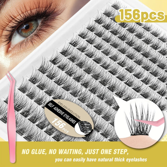 156-Piece Self-Adhesive Lash Cluster Tray with Yellow and Pink Tweezers in NATURAL Style and 14.5cm Case