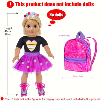 18 Inch Doll Travel Accessories Set 25 Pcs, Unicorn Suitcase Roller Skates Backpack Outfit Hairpins School Supplies