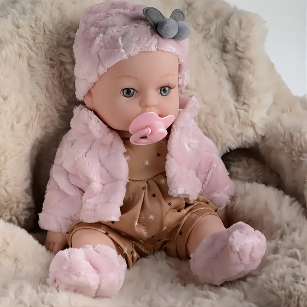 Bunny Ear Baby Doll 12 Inch Pink, Fluffy Bunny Ears PVC Realistic Newborn Comfort Doll, Cute Plush Toy for Boys & Girls Ages 3+