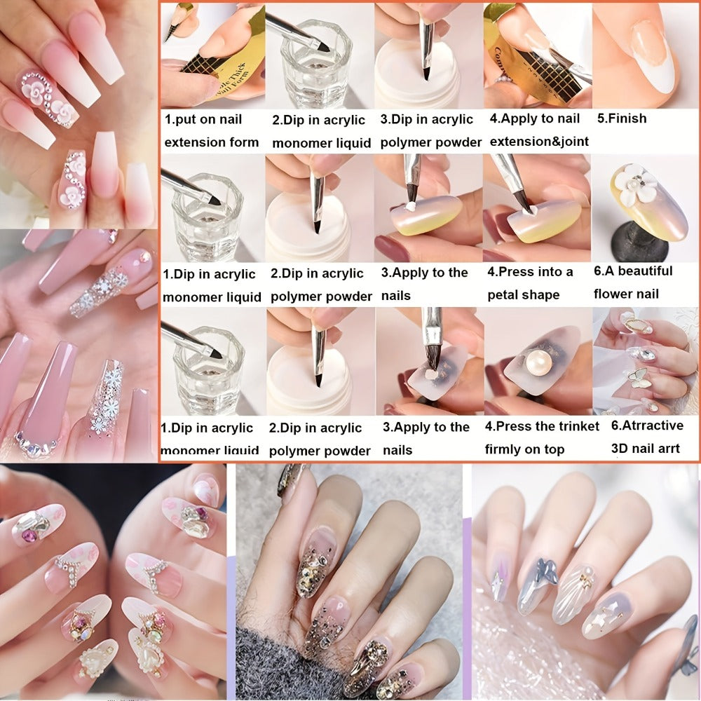 Acrylic Nail Kit with Clear Pink White Powders, Liquid Monomer, Four Brushes, Forms and Mixing Dish
