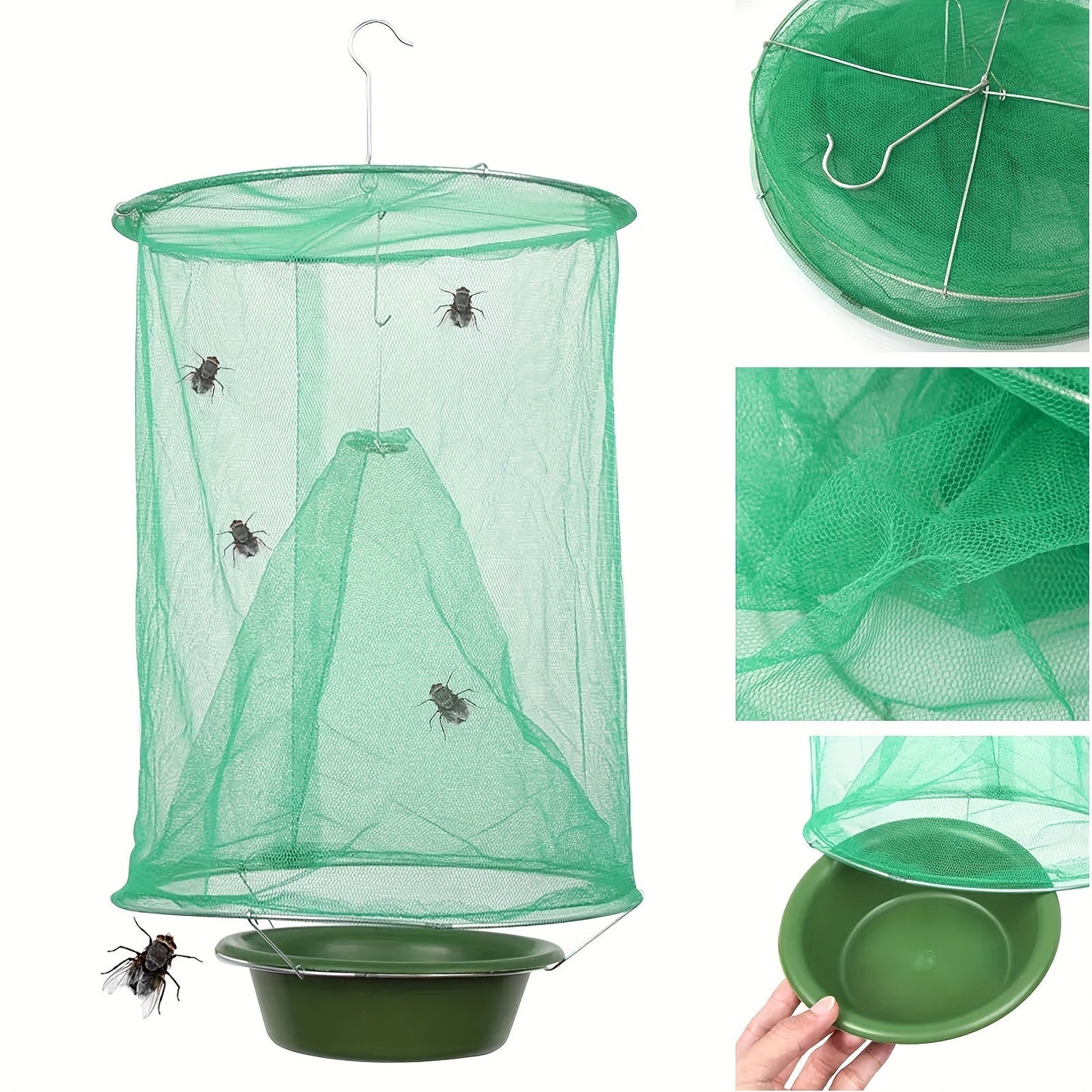 Green Hanging Mesh Fly Trap Cages with Removable Bait Bowls in Two-Pack or Four-Pack Options