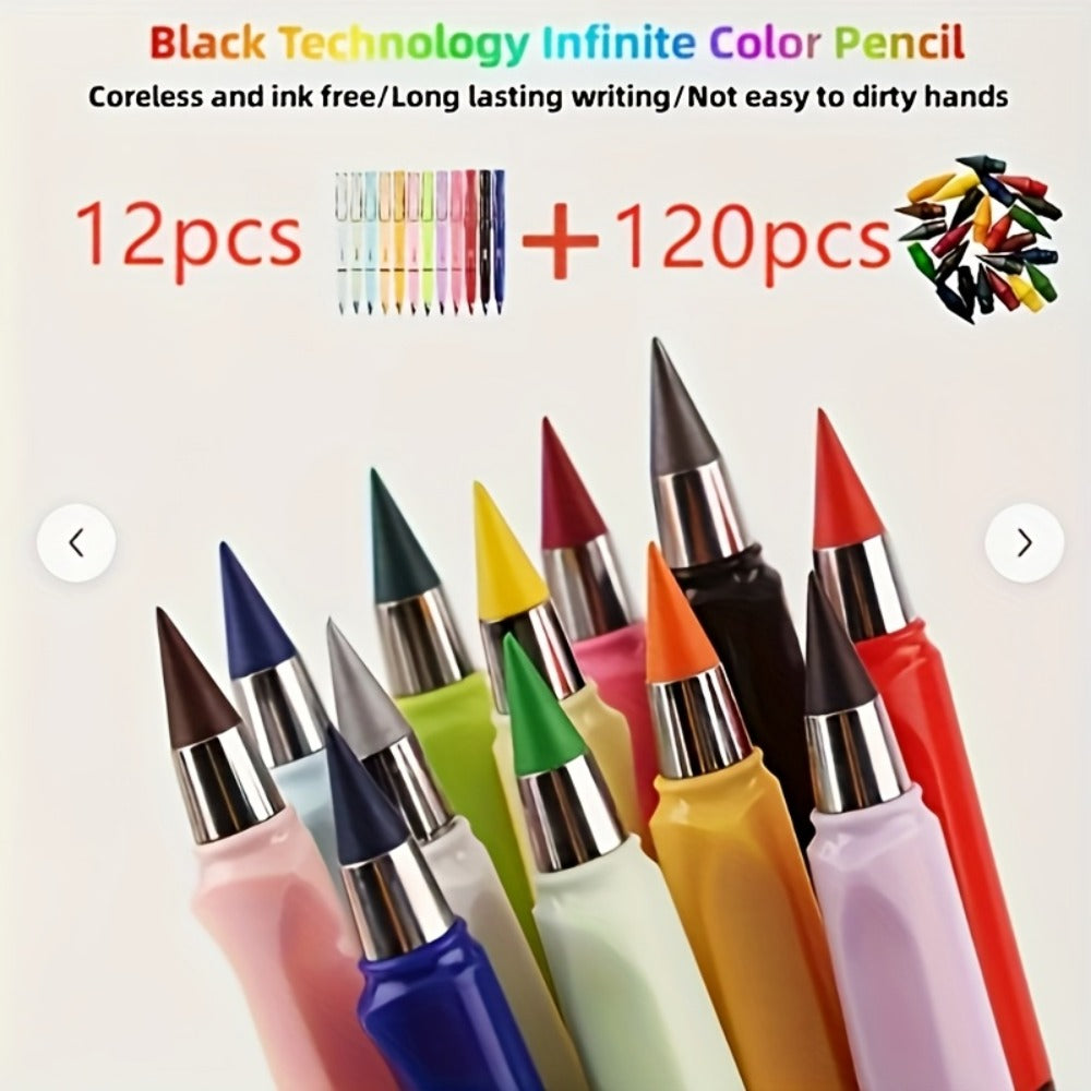 132-Piece Refillable Color Pencil Art Set with 12 Pen Bodies and 120 Replacement Drawing Tips