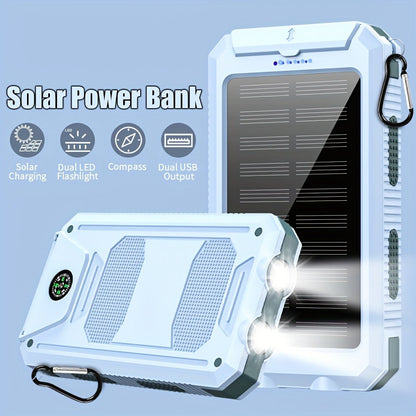 Solar Power Bank, 29800mAh Dual-USB 5V Charger with Solar Panel, Dual LED Flashlight, Compass and Eight Color Options