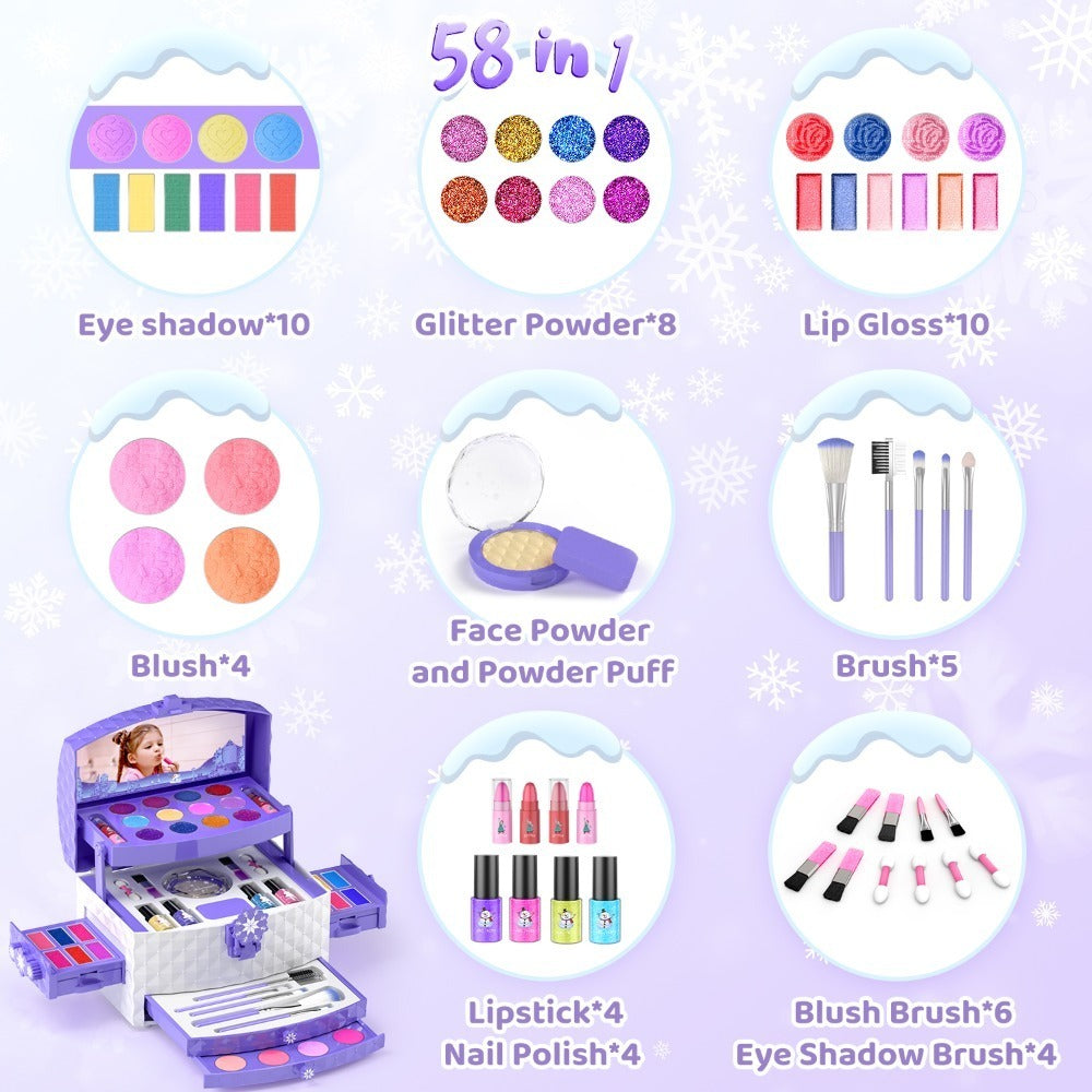 Princess Makeup Set for Girls Ages 3-12, 58 PCS Pretend Play Makeup Kit with Brushes & Case, Skin-Friendly Beauty Toy