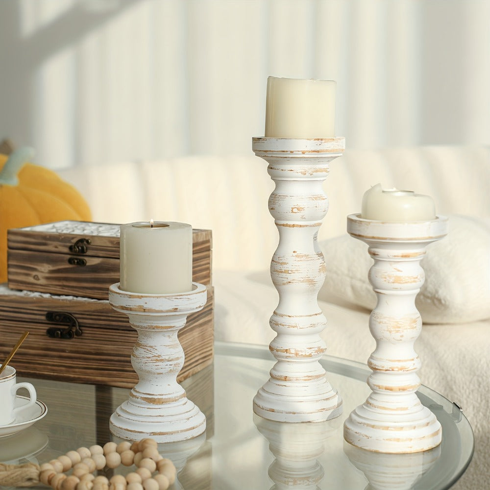 Wood Pillar Candle Holder Set of Three with Turned Pedestal Profiles, 16cm, 23cm and 30cm Heights in Three Finishes