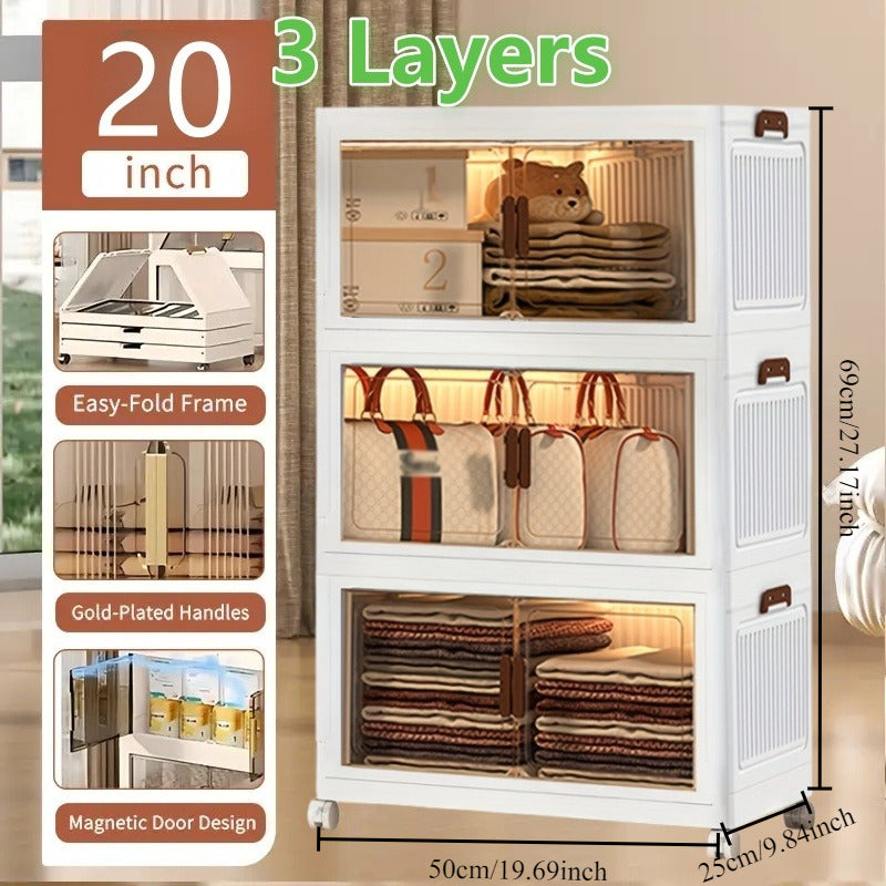 Folding Storage Cabinet 1-6 Tier Collapsible Stackable Organizer with Wheels and Lids – Extra Large Foldable Storage Locker for Closet