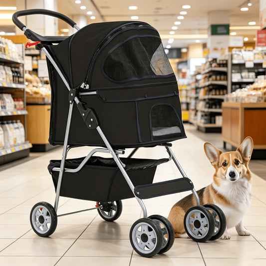 4-Wheel Pet Stroller with Cup Holder & Storage Basket | Portable Breathable Cat Dog Stroller, Smooth-Rolling Outdoor Pram