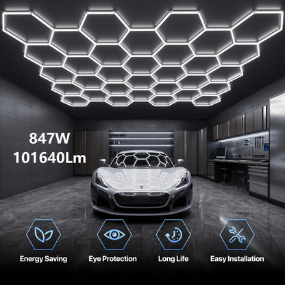 LED Hexagonal Garage Light 6500K, Super Bright Daylight White Shop Light 42W, 620W for Auto Detailing