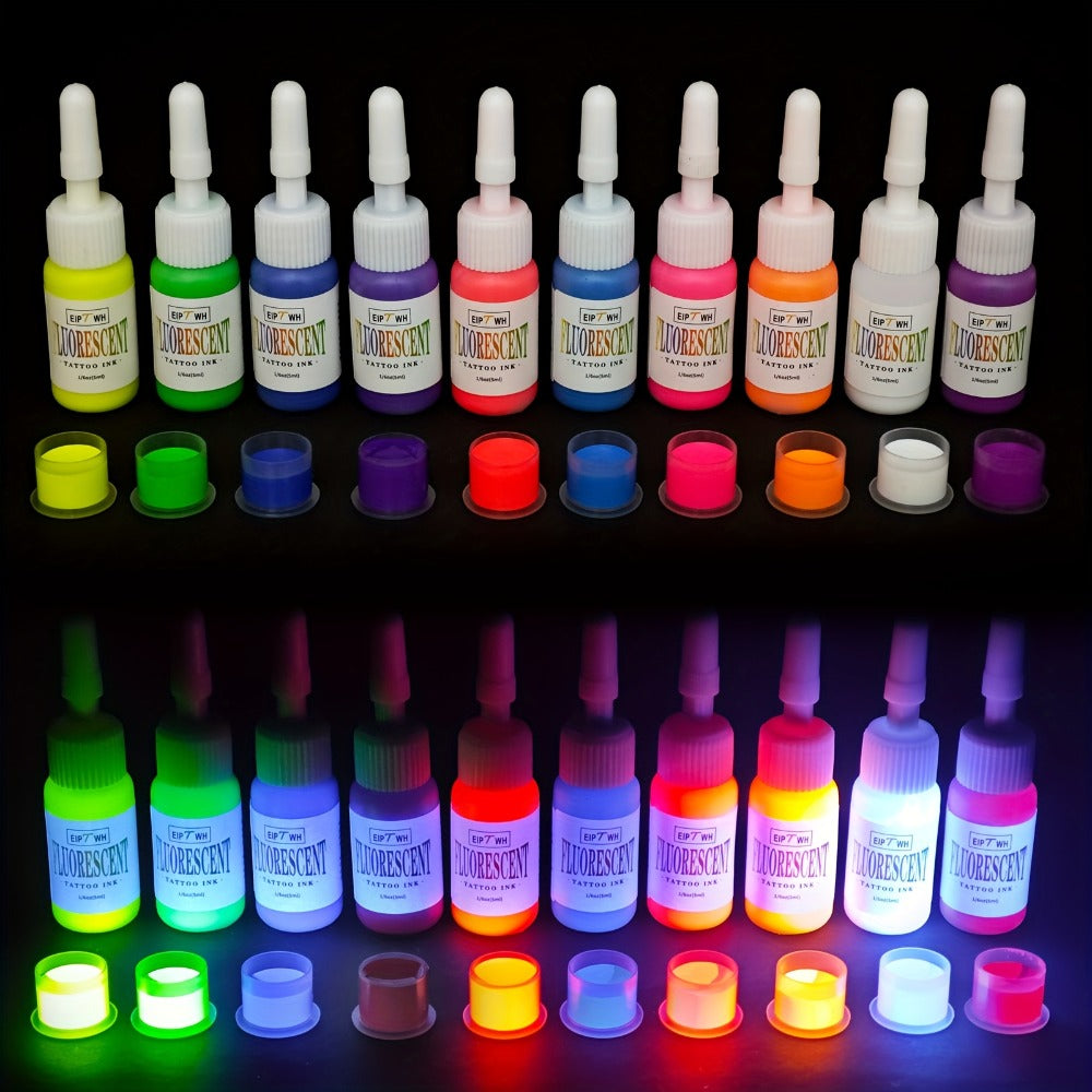 Tattoo Ink EIPTWH UV Blacklight Set with 10 Fluorescent Color Bottles and One Configuration