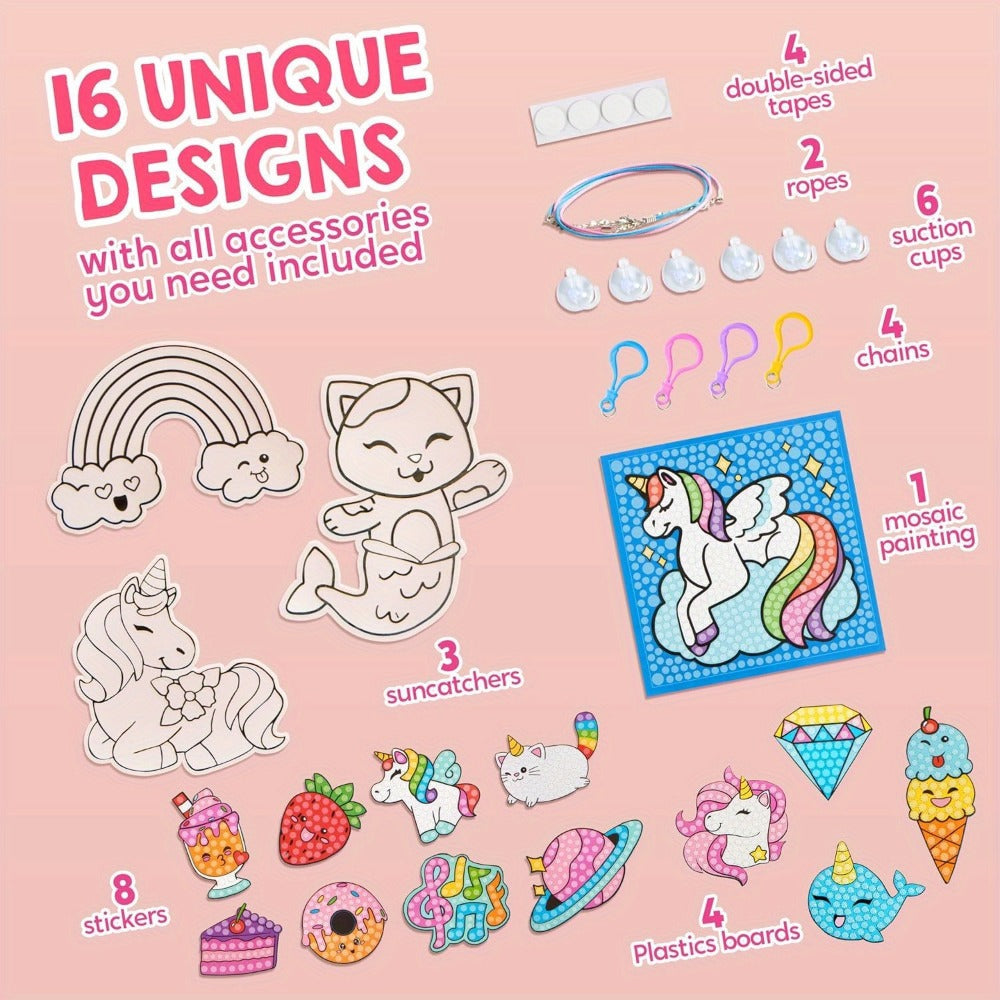 Diamond Gem Painting Kit for Girls Ages 6+ 16 Projects, 5D Gem Art Set with 2800+ Gems Unicorn Suncatchers Keychains Necklaces Stickers