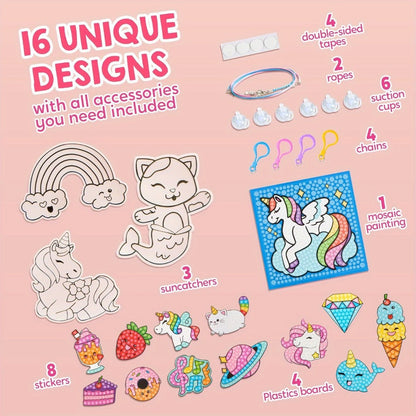 Diamond Gem Painting Kit for Girls Ages 6+ 16 Projects, 5D Gem Art Set with 2800+ Gems Unicorn Suncatchers Keychains Necklaces Stickers