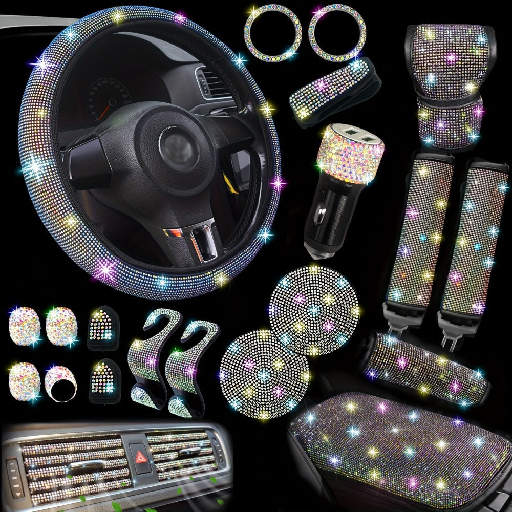 30-Piece Bling Car Interior Accessories Set with 15-Inch Steering Wheel Cover, Seat Belt Pads and Trim