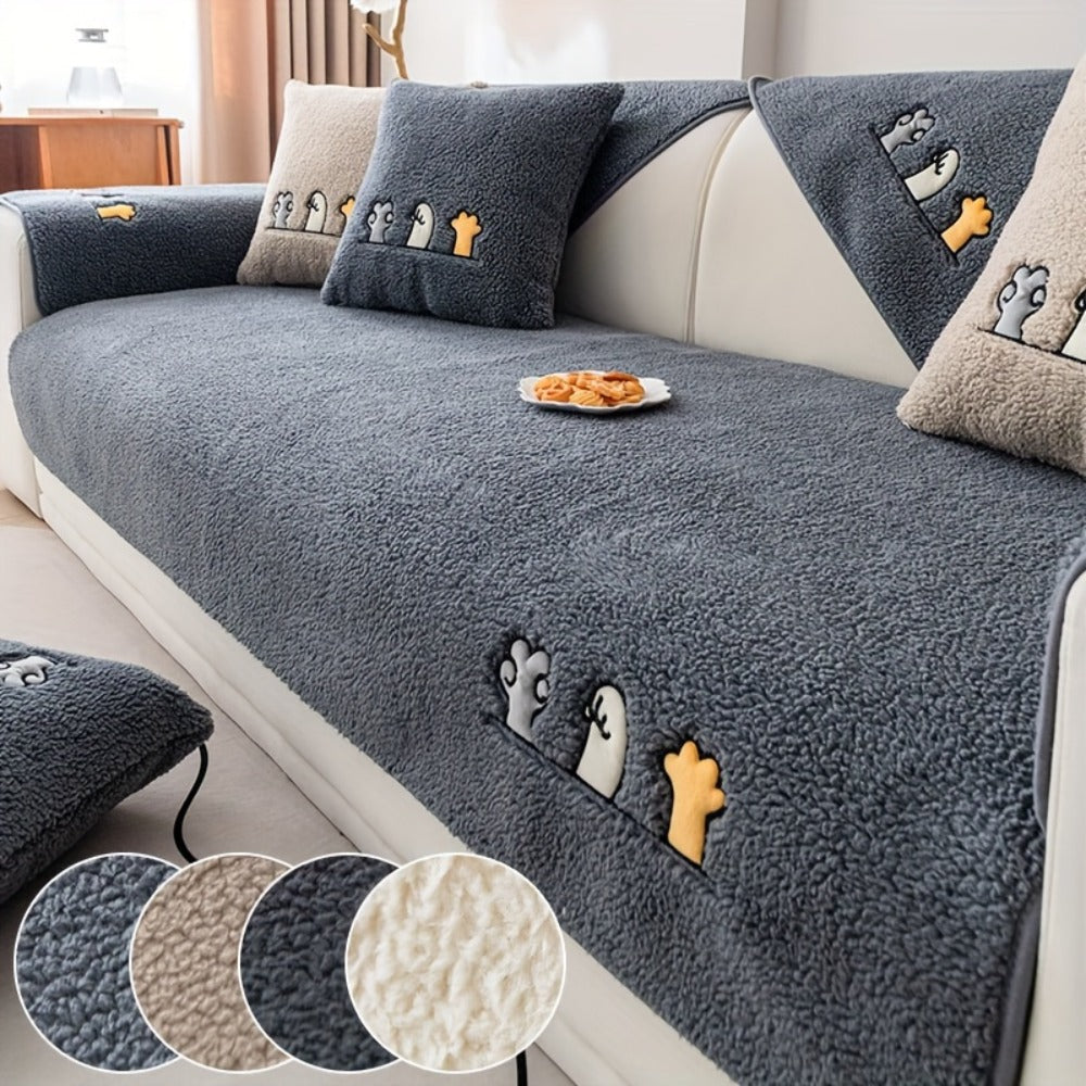 Sofa Cover Thick Plush Shearling Panels with Animal and Bone Embroidery and Backing Detail for 2 to 4 Seats