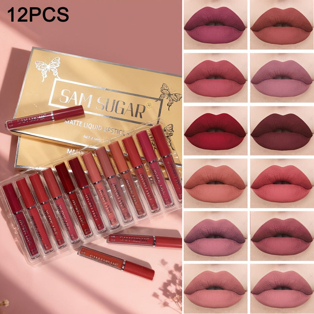 Lip Gloss Set by SAM SUGAR with 12 Matte Liquid Lip Colors, Numbered Shades and Presentation Box
