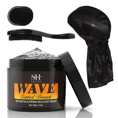 Wave Pomade Set for Men 360 Waves, Glycerin Formula Silky Shine, 4-Piece or 5-Piece Bundle with Silky Durag & Wave Brush