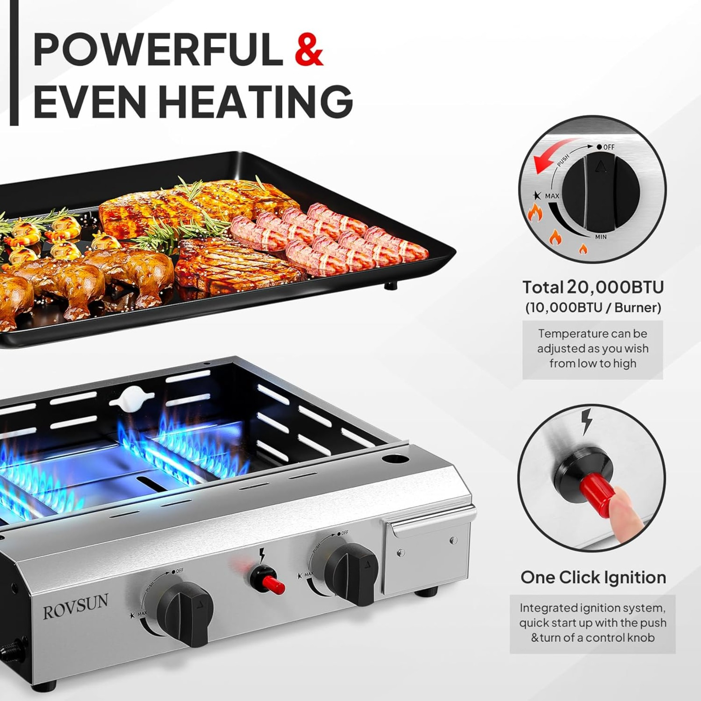 Flat Top Griddle Propane Tabletop 2 or 4 Burner, 20000 BTU Portable Gas Grill with Nonstick Enamel Tray