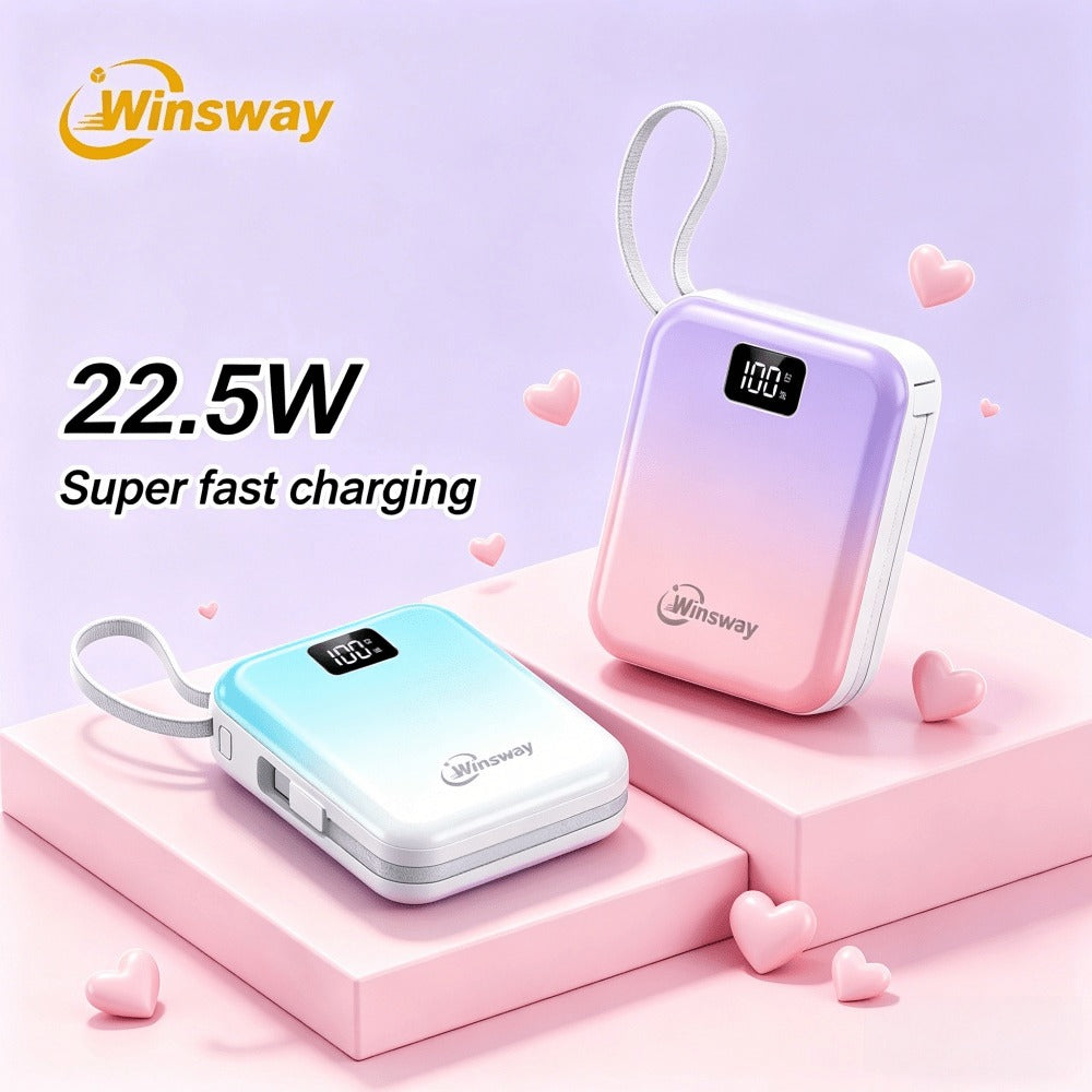 10000mAh Winsway Power Bank with 22.5W Label, Built-In USB-A and USB-C Cables and Gradient Colors