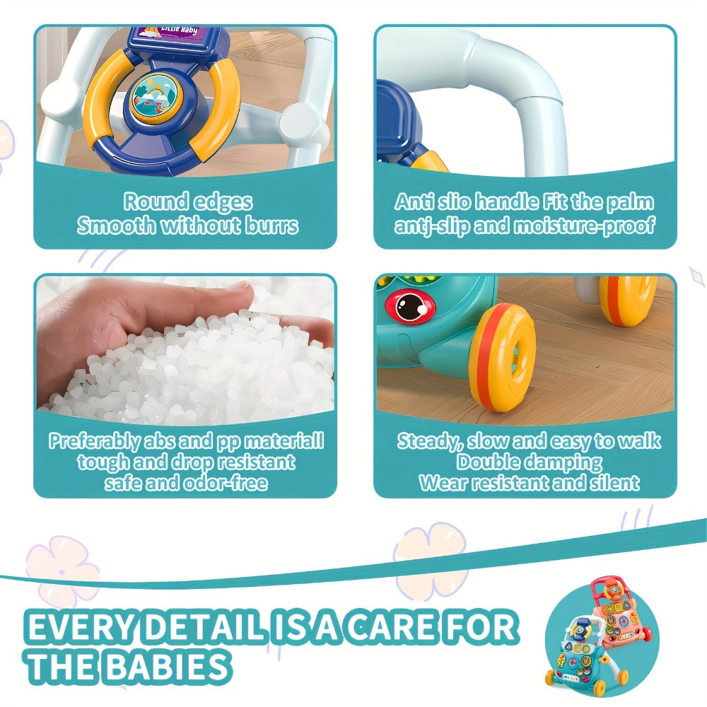 Musical Baby Walker Toy with Anti-Rollover Safety, Multi-Function Sit-to-Stand Activity Center for Early Walking Development