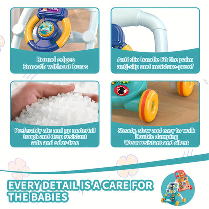 Musical Baby Walker Toy with Anti-Rollover Safety, Multi-Function Sit-to-Stand Activity Center for Early Walking Development