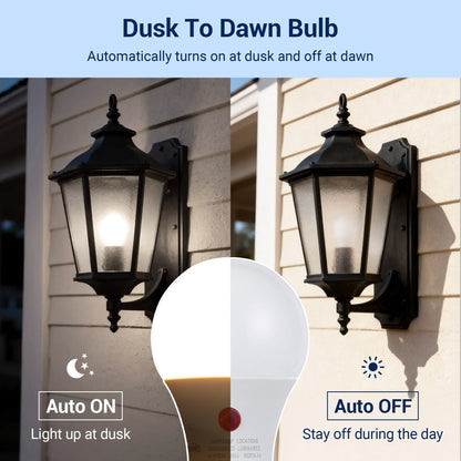 Dusk to Dawn Light Bulbs, A19 E26 Auto On Off Photocell Sensor LED Bulb 9W 60W Equivalent, for Home, Desk and Accent Lighting