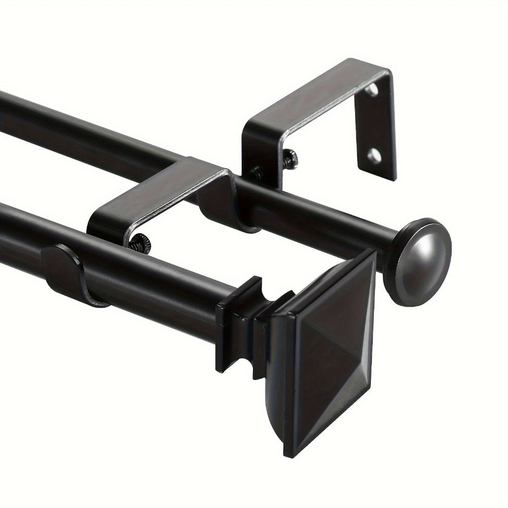 Double Curtain Rod Set with Square Urn Finials, Dual Brackets and Five Finish Options for Layered Panels