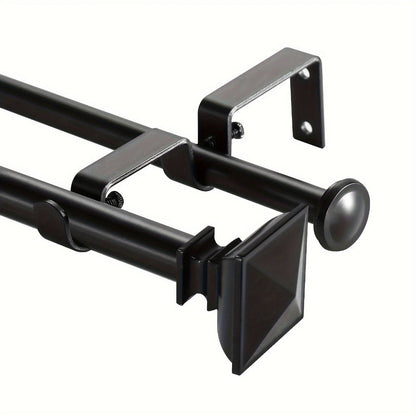 Double Curtain Rod Set with Square Urn Finials, Dual Brackets and Five Finish Options for Layered Panels