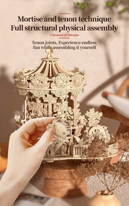 Rotating Merry-Go-Round Wooden Puzzle Kit, Mechanical Carousel 3D Model for Adults & Teens, DIY Kinetic Display Piece