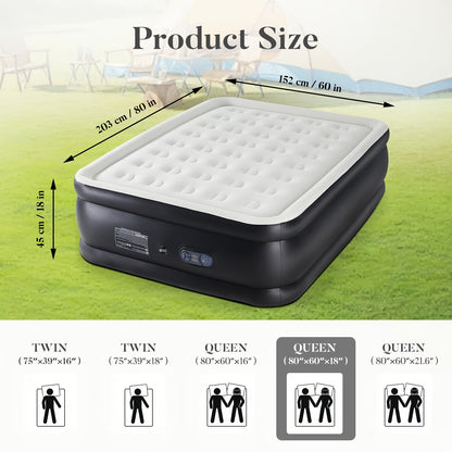 Inflatable Air Mattress with Built-In Pump 16"/18"/21" Thick – 660 LBS Capacity Double Height Blow-Up Airbed with Non-Slip Bottom