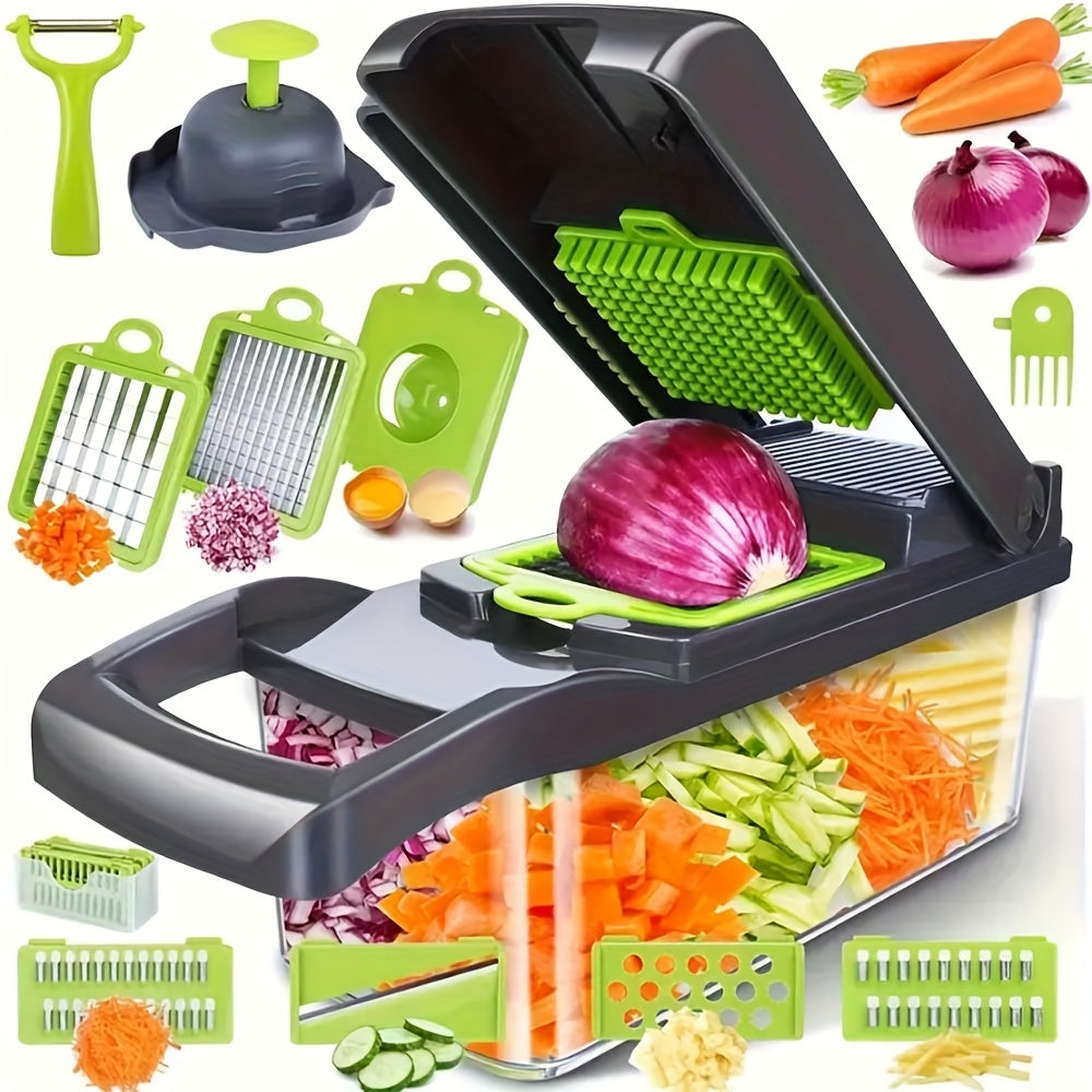 Vegetable Chopper 16-in-1 Manual Food Chopper Set, 8 Stainless Steel Blades, 304 Container, Peeler & Filter