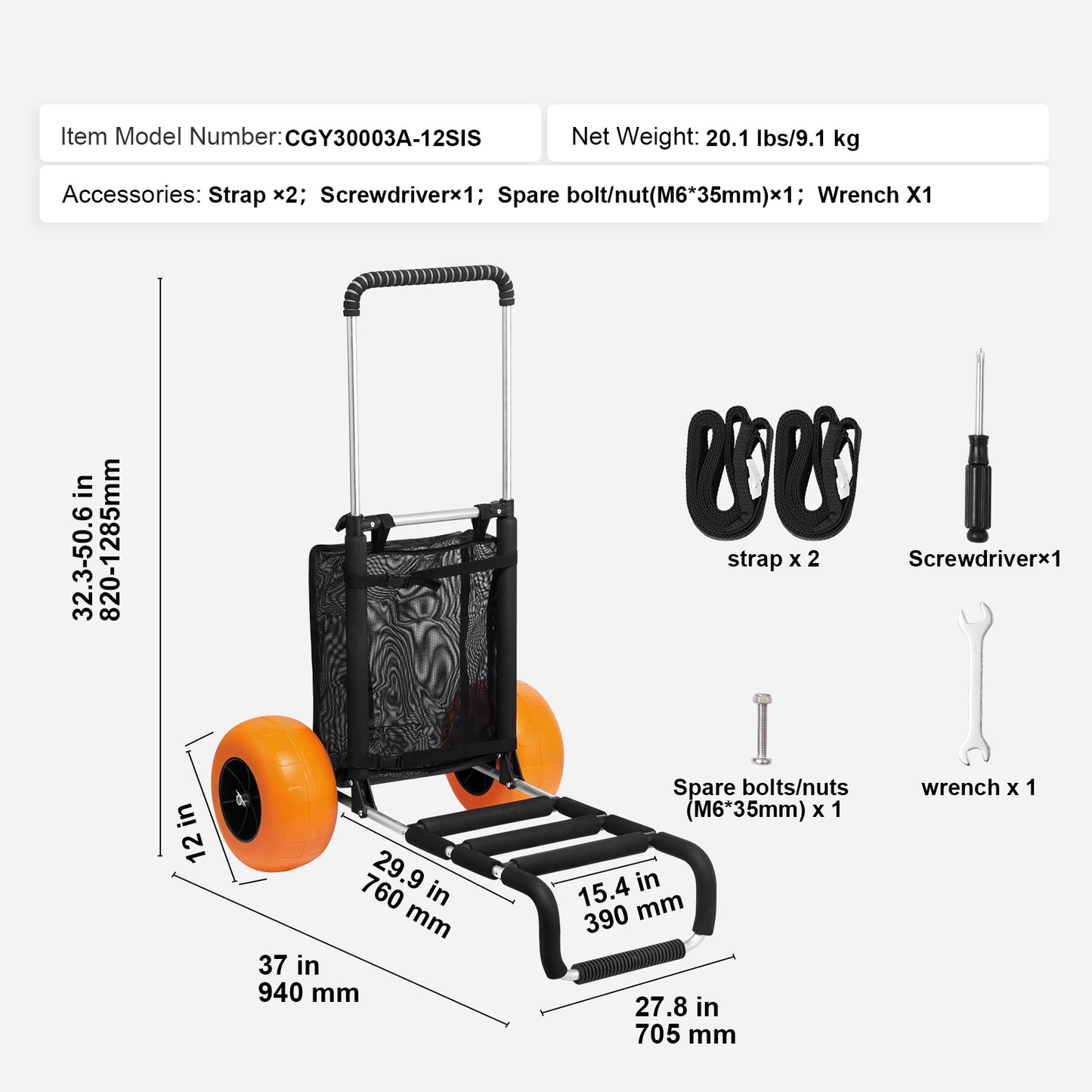 Beach Cart Aluminum Alloy 12-Inch PU Foam Wheels Folding Sand Cart Adjustable Handle for Camping Fishing Gardening Outdoor