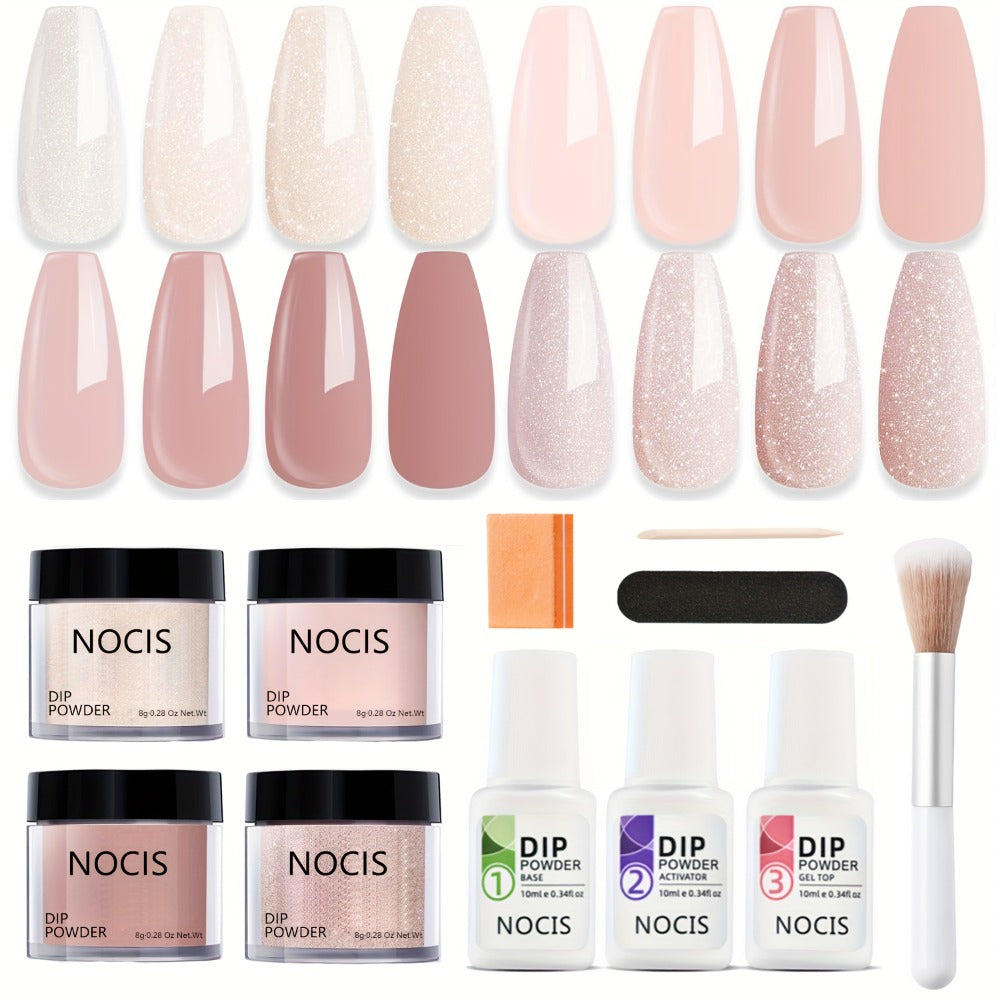 Dip Powder Nail Kit with NOCIS Label, Four Nude Blush Shimmer Powders, Three 10ml Liquids and Four Tools