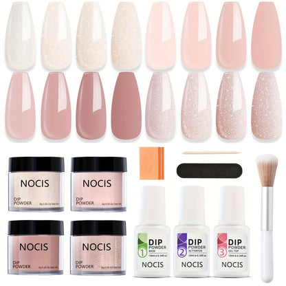 Dip Powder Nail Kit with NOCIS Label, Four Nude Blush Shimmer Powders, Three 10ml Liquids and Four Tools