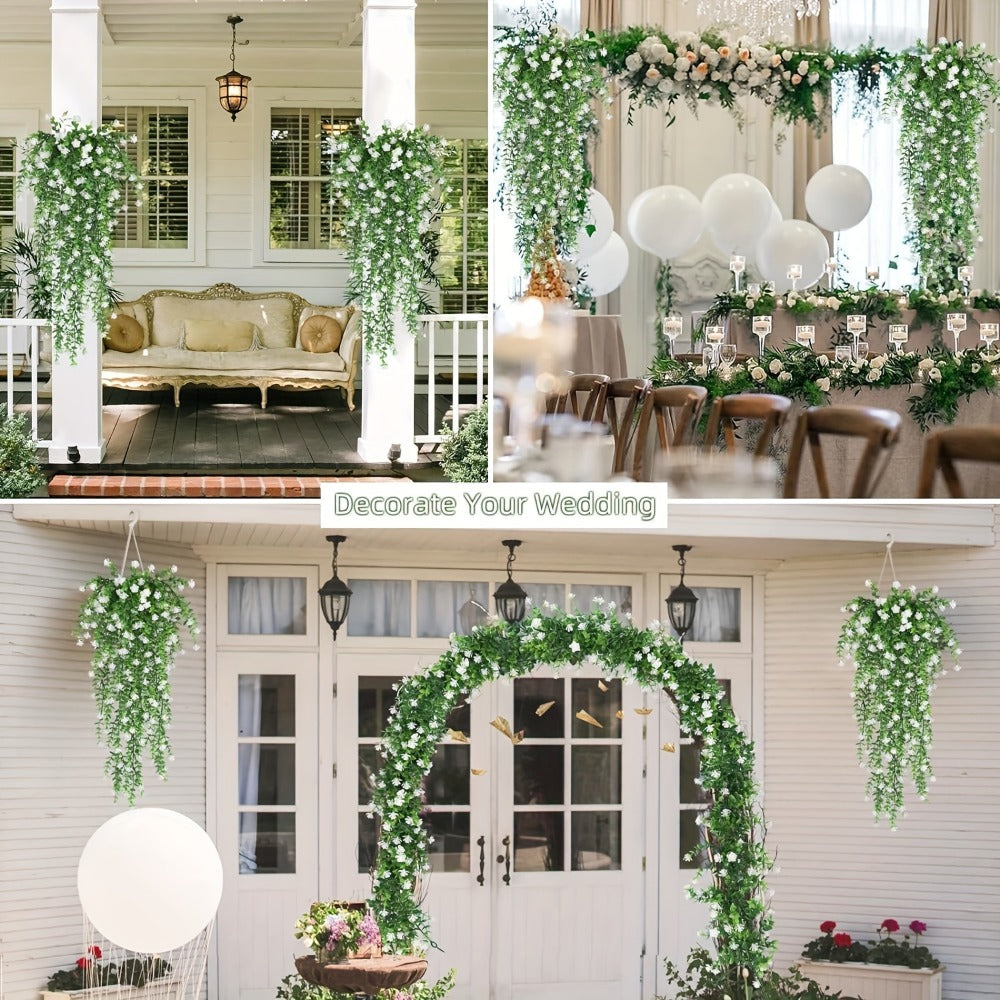 Hanging Artificial Flower Vines, 10-Bunch 30-Inch Set with White or Purple Flowers and Green Leaves