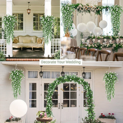 Hanging Artificial Flower Vines, 10-Bunch 30-Inch Set with White or Purple Flowers and Green Leaves