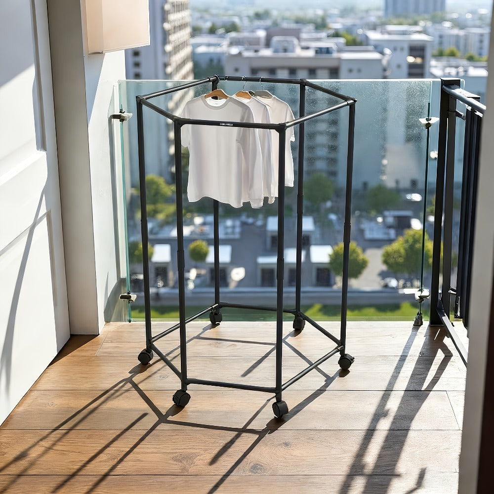 White Four-Sided Rolling Clothing Rack with Multiple Hanging Rails and 120 x 35 x 35 cm Frame