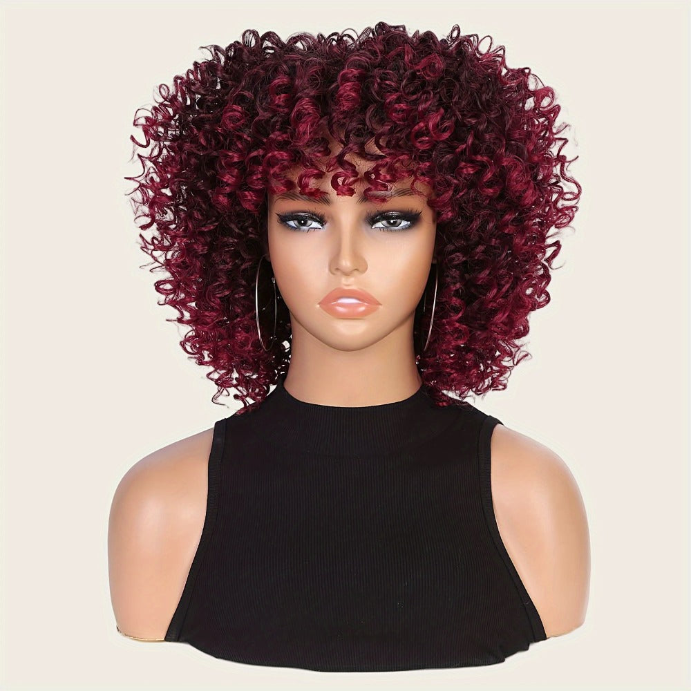 Synthetic Wig 14-Inch Kinky Curly Afro with Bangs, 180% Density and Stretch Net Cap for Daily Style