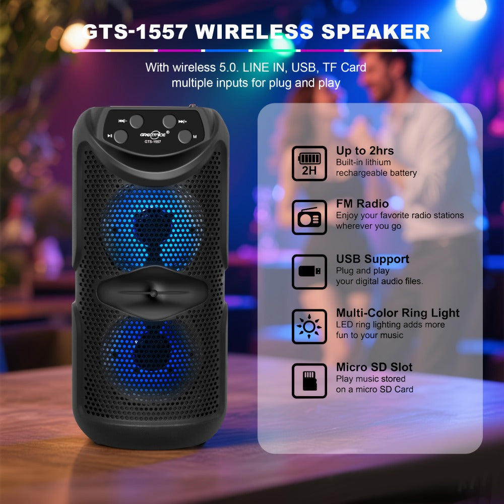 Outdoor Bluetooth 5.3 Speaker Mini with LED Light, TWS Stereo Pairing, TF Card Slot & Extended Battery