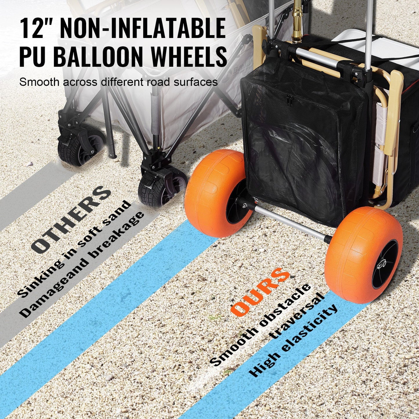 Beach Cart Aluminum Alloy 12-Inch PU Foam Wheels Folding Sand Cart Adjustable Handle for Camping Fishing Gardening Outdoor