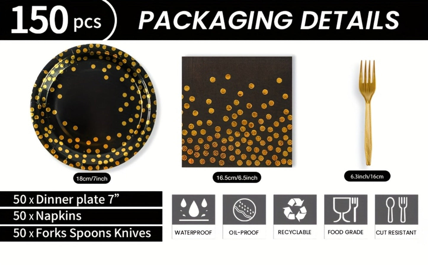 Disposable Party Supplies Set 150 Piece Black and Gold – Paper Plates, Napkins & Forks for 50 Guests, Elegant Tableware for Birthday