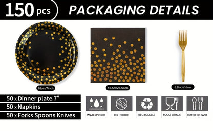 Disposable Party Supplies Set 150 Piece Black and Gold – Paper Plates, Napkins & Forks for 50 Guests, Elegant Tableware for Birthday