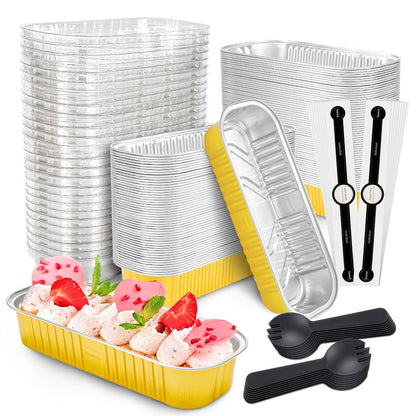Mini Cake Pans 100 Pack with Lids and Spoons Aluminum Foil Rectangular Disposable Baking Pans for Entryways, Bedrooms and Living Spaces