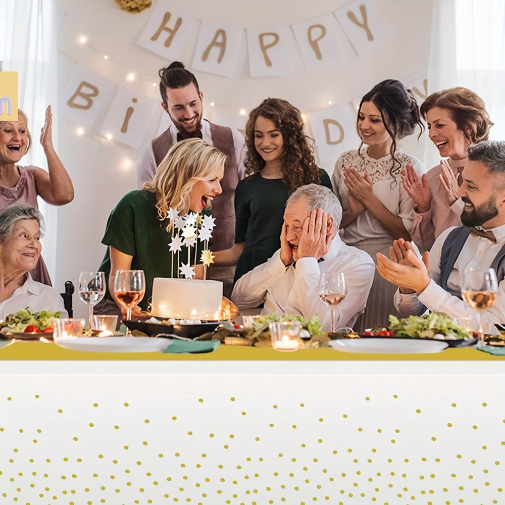 Disposable Tablecloth & Table Runner Set 10 Pack White Gold – Plastic Party Table Covers for Wedding Birthday Graduation Anniversary Baby