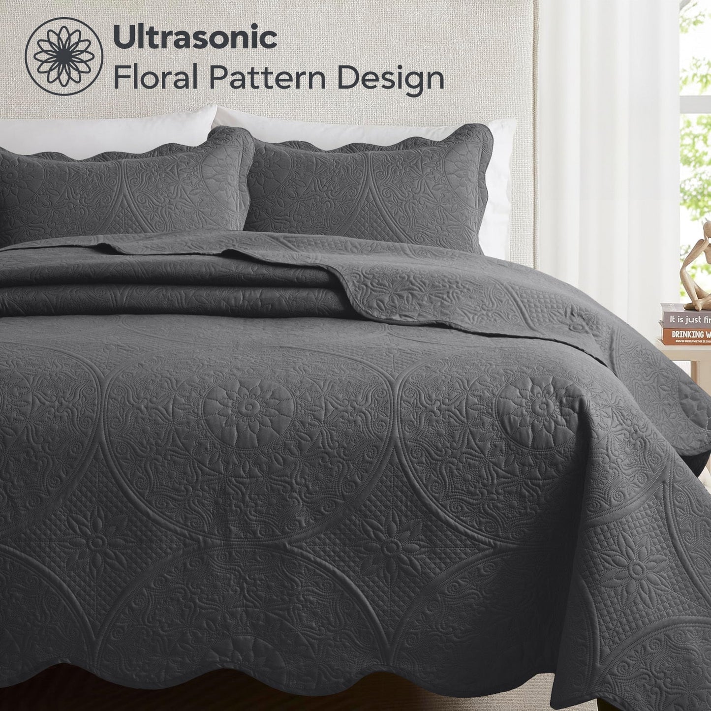 Floral-Pattern Three-Piece Bedspread Set in 16 Colors with Twin, Queen, King and California King Sizes