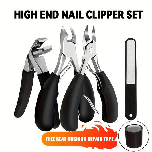 Angled Nail Clipper Set, Four Black-Handle Clipper Tools with Curved Jaws, File and Round Accessory