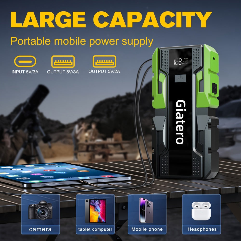 Giatero 10000A Car Jump Starter with 12V Battery Clamps, Digital Display, LED Light and Integrated Air Compressor