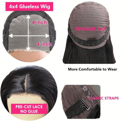 Bob Wig Human Hair 250% Density 4x4 HD Lace Straight Glueless Pre Cut Pre Plucked Wear and Go Natural Black for Women Daily Wear Party Music