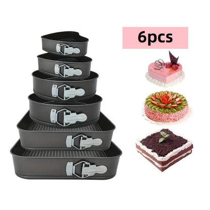 Cake Pan Set 6-Piece with Removable Bottom, Carbon Steel Nonstick Baking Molds in 3 Shapes Square Round Heart