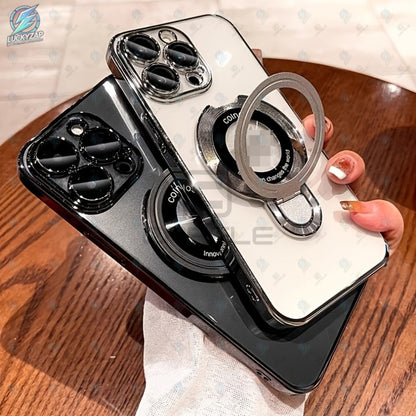 Magnetic iPhone Case Electroplated PC Shockproof Clear Back U-Shield Kickstand Lens Protector for iPhone 17 Pro Max 17 Pro 17 Air 17 16 15