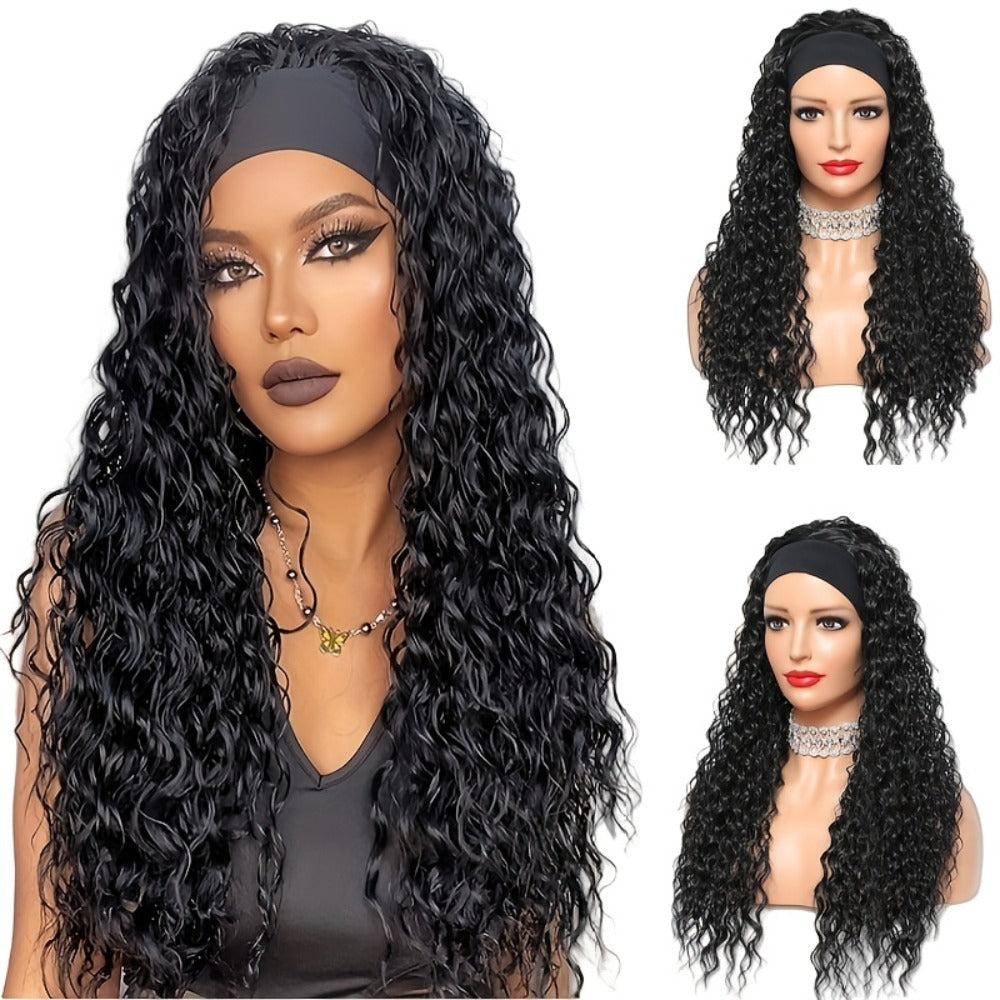 Headband Wig Curly Wavy for Women Black Synthetic Glueless No Lace – Elastic Cap Heat Resistant Beginner Friendly for Daily Wear Party